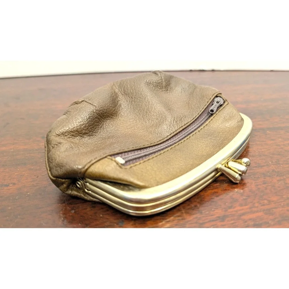 Vintage 1970s Genuine Leather Kiss Lock Coin Purse Wallet Brown Hong Kong